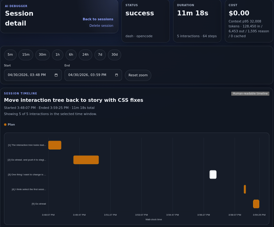 Screenshot of the Distlang Agent Debugger session detail page showing status cards, time controls, and the session timeline